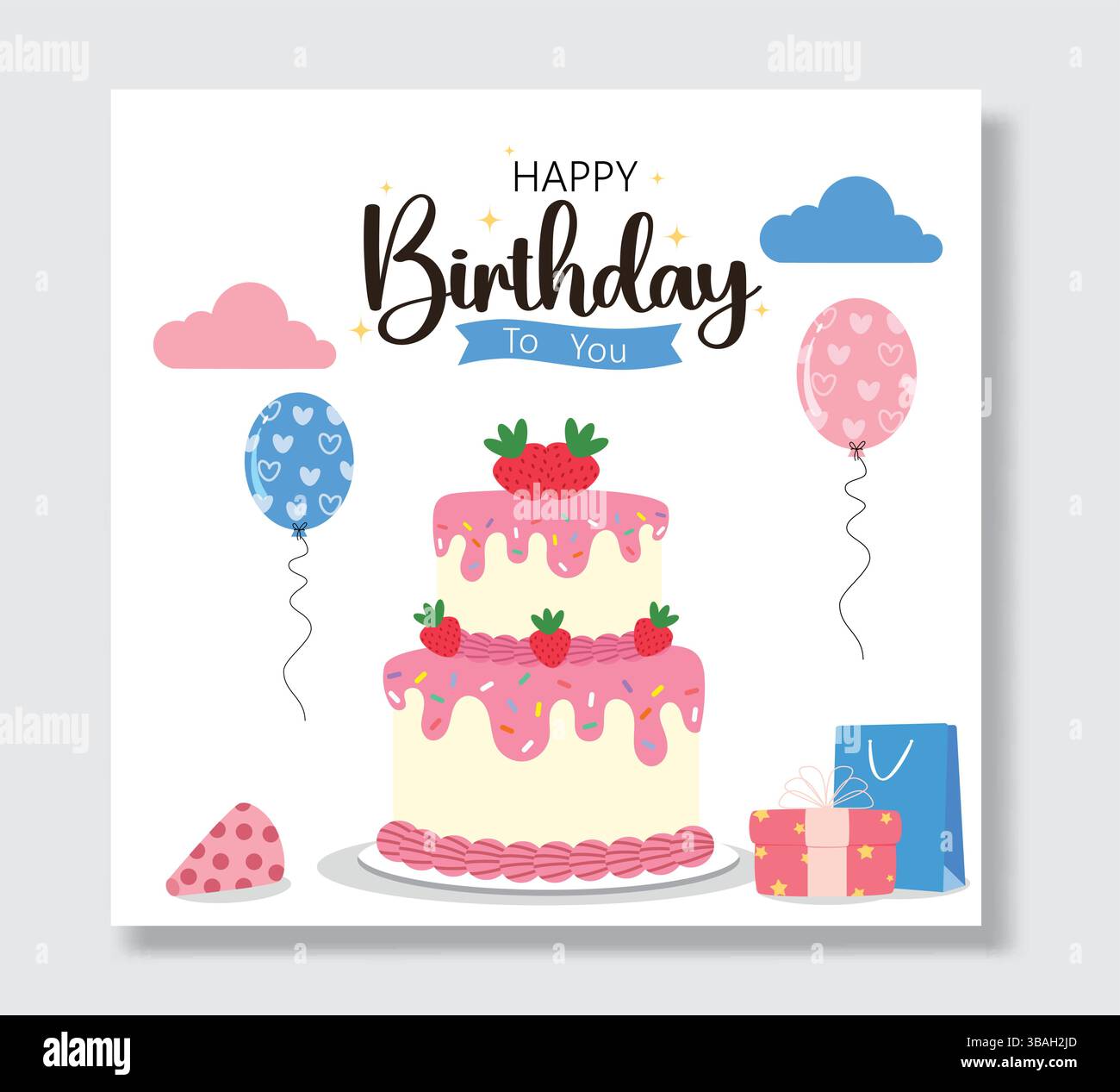 Appunti di auguri di buon compleanno. Auguri di benvenuto il giorno della nascita con torta alle fragole, palloncini galleggianti ed elementi piatti da regalo in bianco semplice Illustrazione Vettoriale