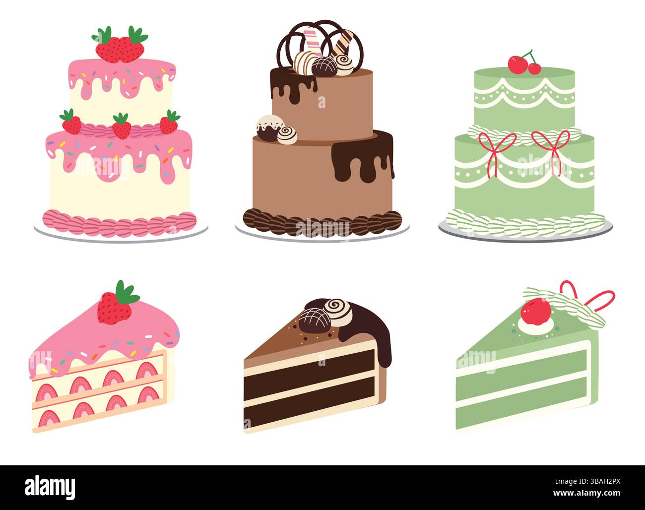 Set di icone piatte della torta di compleanno. Una torta in una collezione di clip art a strati e a fette dal sapore colorato per il giorno della nascita e dell'anniversario Illustrazione Vettoriale