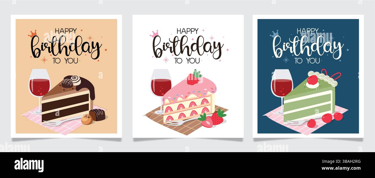 Set poster clipart cartolina di auguri di buon compleanno. Raccolta di modelli di clip art per fette di torta di compleanno per i desideri e il vettore di sfondo della carta di invito Illustrazione Vettoriale
