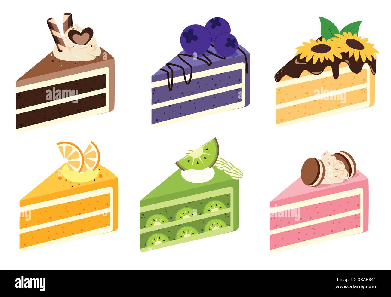 Set clipart elementi fette torta. Torta di compleanno ritagliata in cioccolato, mirtilli, limone, kiwi e fragole Illustrazione Vettoriale