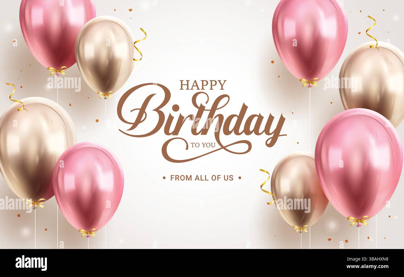 Design del banner clipart per auguri di buon compleanno. Testo di auguri di buon compleanno su sfondo elegante con palloncini lucenti rosa e oro Illustrazione Vettoriale