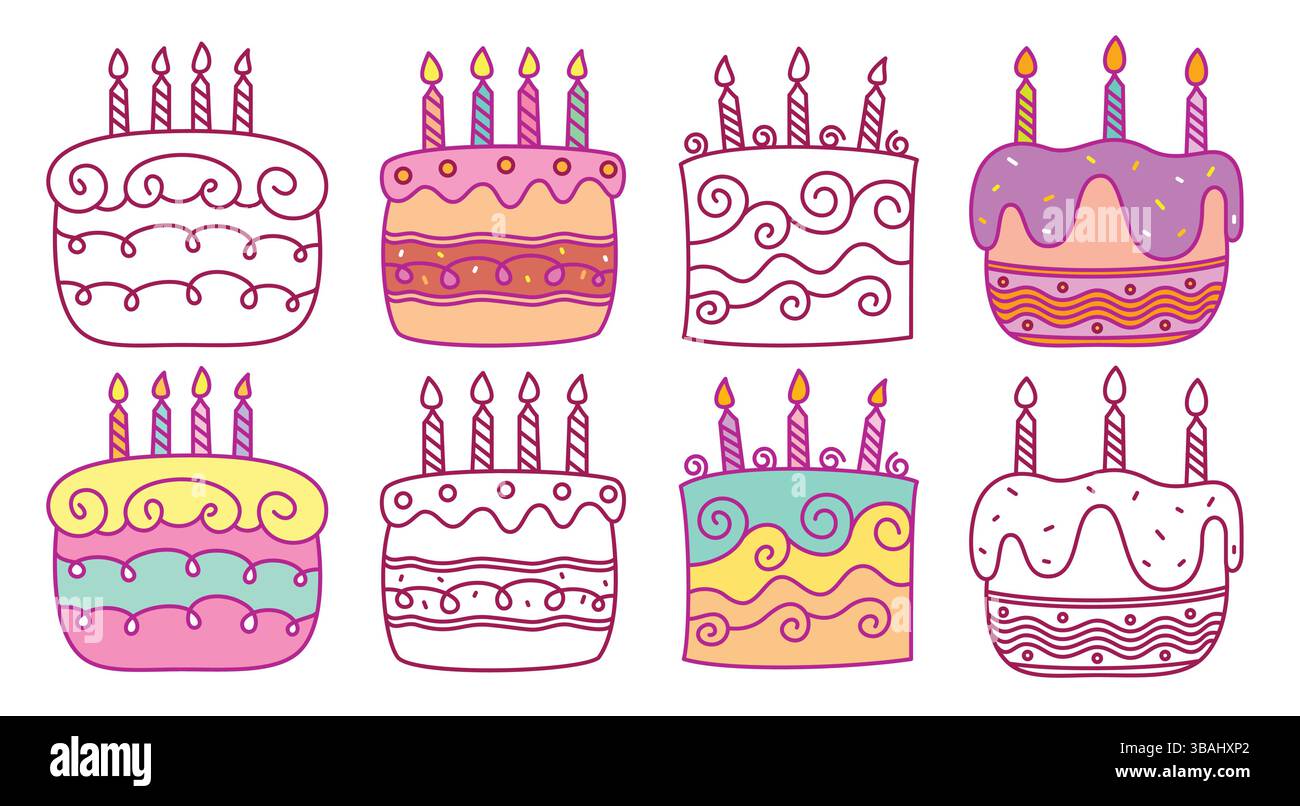 Set clipart contorno torta di compleanno. Torta colorata con clip art disegnate a mano in stile doodle per festeggiare il compleanno, il matrimonio e l'anniversario Illustrazione Vettoriale