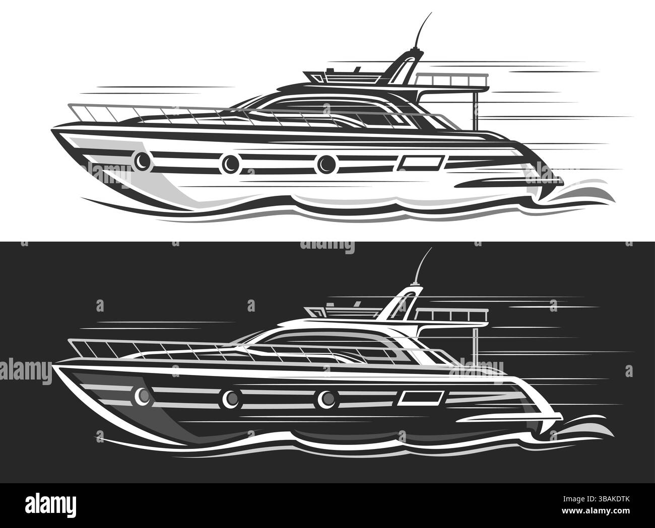 Logo vettoriale per Speed Boat, banner nautici monocromatici con sagoma della scogliera di una piccola imbarcazione a motore in movimento, grafica di corsa disegnata a mano Illustrazione Vettoriale