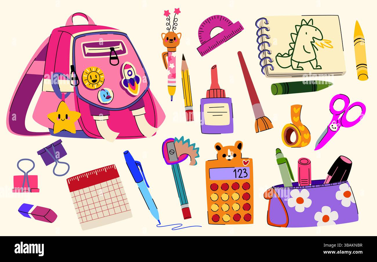 Borsa per la scuola e set di cancelleria isolati su sfondo bianco. Illustrazione vettoriale di zaino rosa femminile, blocco note, penna, temperamatite e gomma, forbici, calcolatrice, accessori didattici Illustrazione Vettoriale