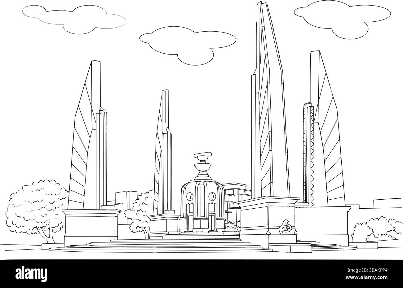 Un'illustrazione d'arte minimalista del Monumento alla democrazia, un punto di riferimento storico situato a Bangkok, Thailandia. Il disegno cattura l'iconico stru Illustrazione Vettoriale