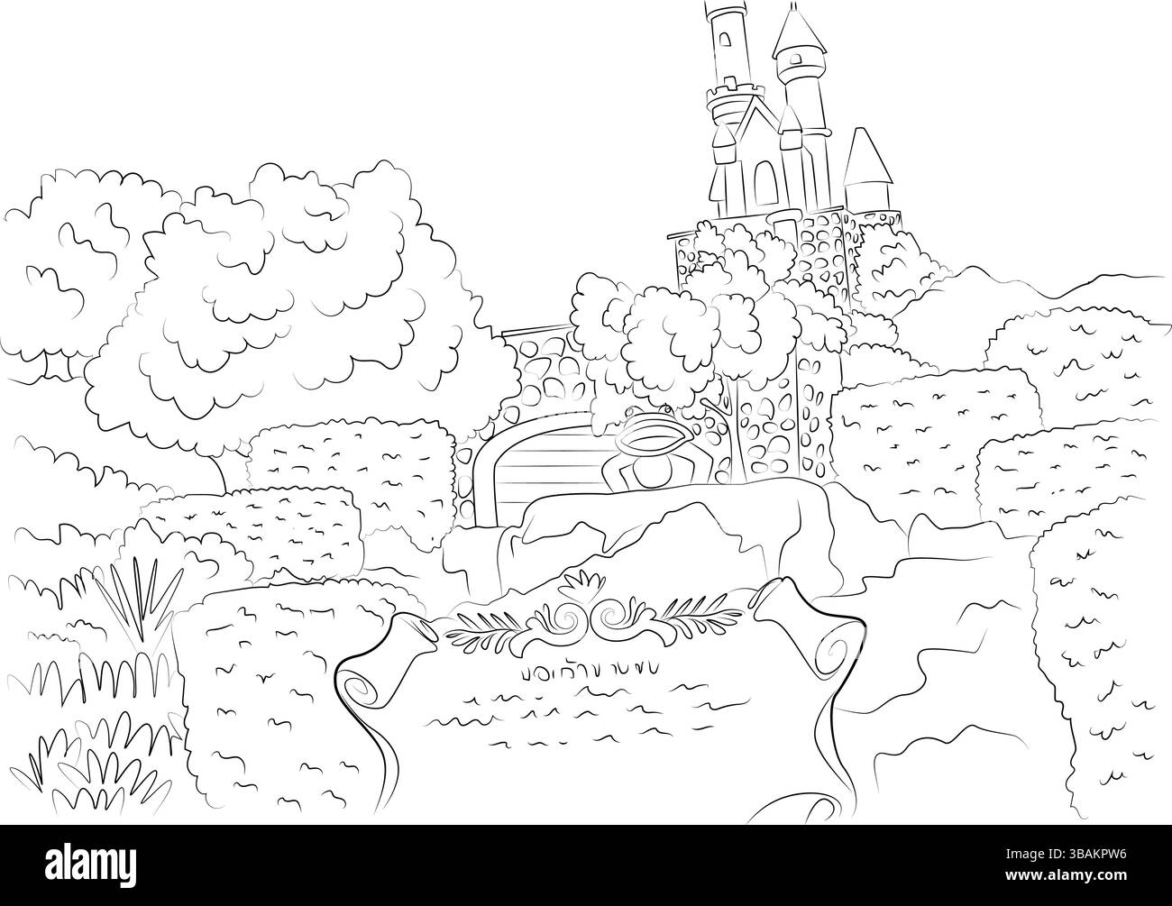 Disegni in bianco e nero che illustrano un castello fiabesco situato su una collina all'interno di un parco o giardino paesaggistico, probabilmente raffigurante una scena da Illustrazione Vettoriale