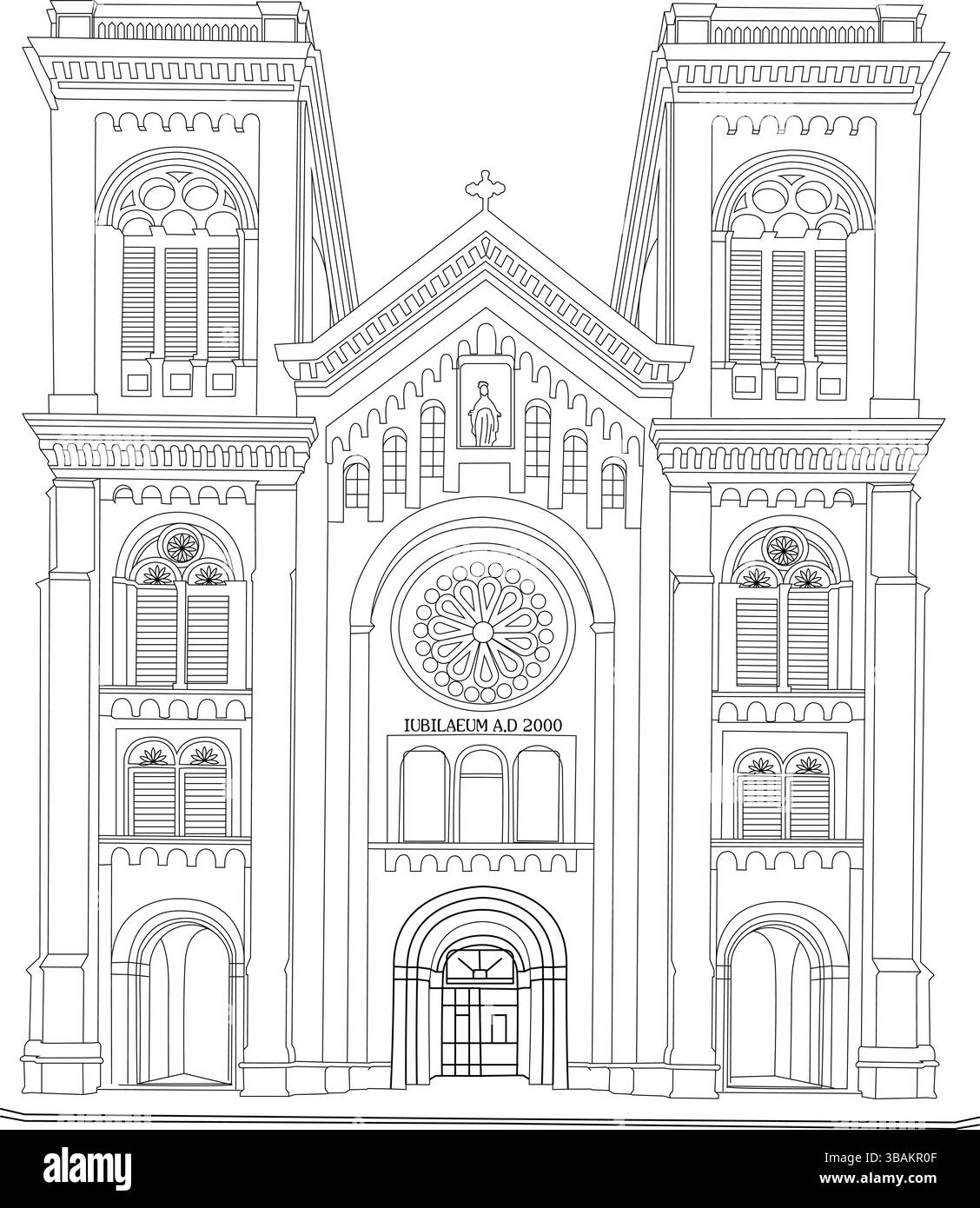 Dettagliate illustrazioni artistiche in bianco e nero della facciata esterna della Cattedrale dell'assunzione a Bangkok, Thailandia. Le caratteristiche includono le sue torri gemelle, Illustrazione Vettoriale