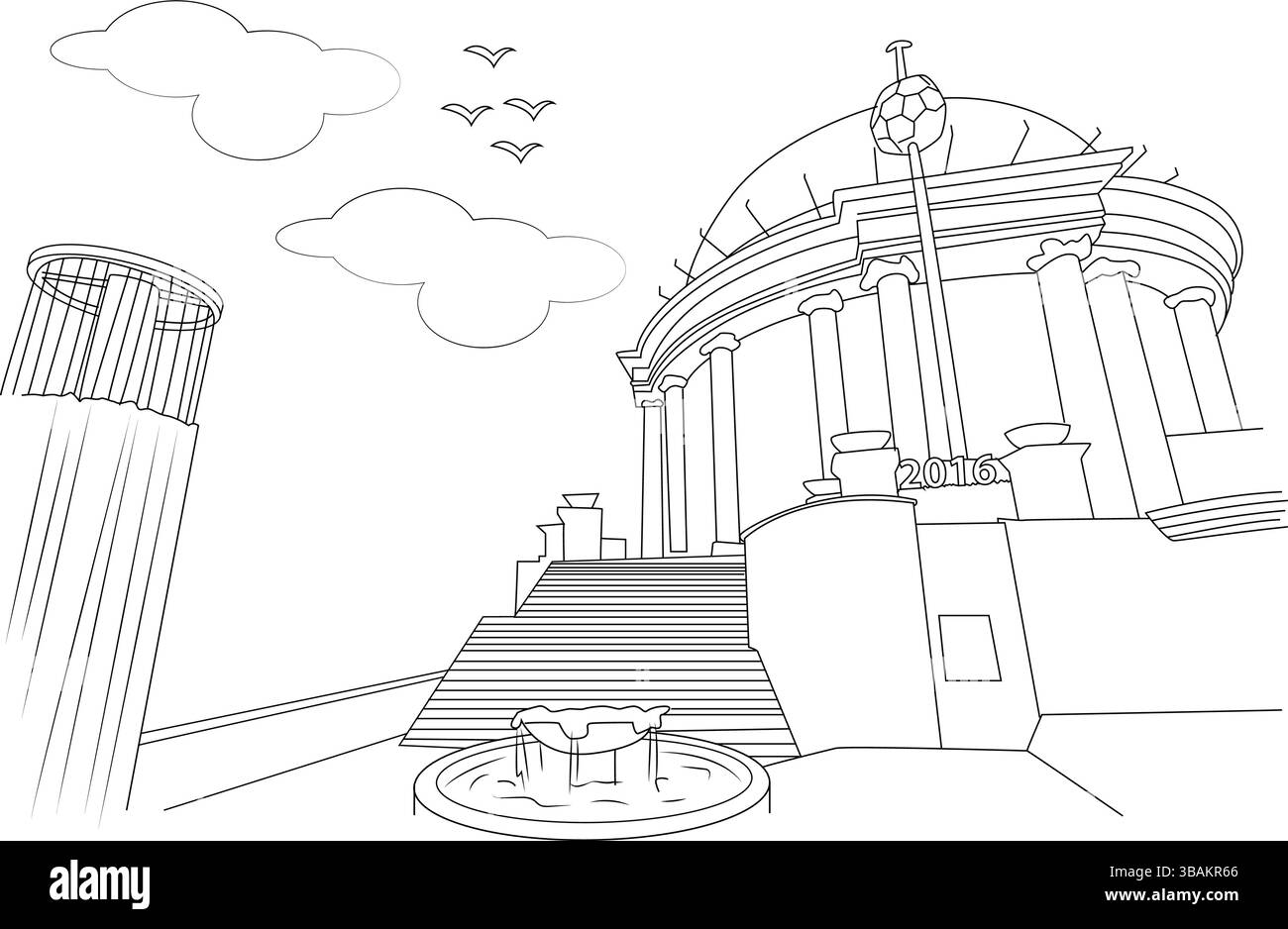 Illustrazione in linea di un edificio in stile classico con una cupola, colonne, scale e fontana, con l'anno 2016. Include una struttura stilizzata Illustrazione Vettoriale