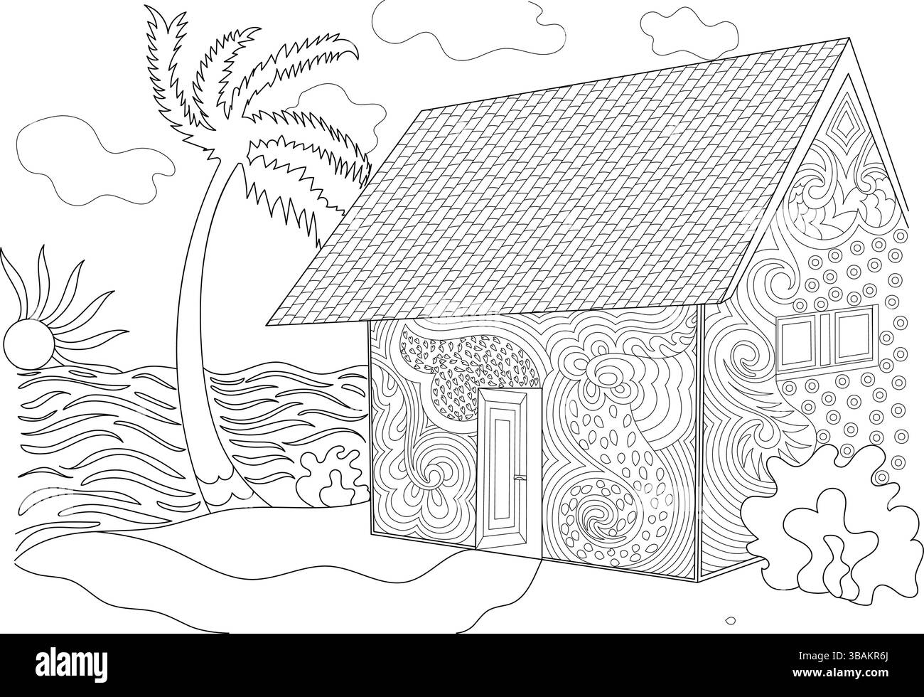 Dettagliate illustrazioni in bianco e nero con una casa sulla spiaggia tropicale con motivi intricati, un albero di palma, sole e onde oceaniche. Adatto f Illustrazione Vettoriale