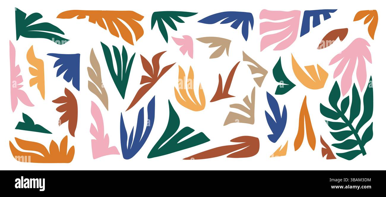 Set di elementi collage contemporanei isolati ispirati a Matisse con forme astratte in colori vivaci, illustrazione vettoriale Illustrazione Vettoriale