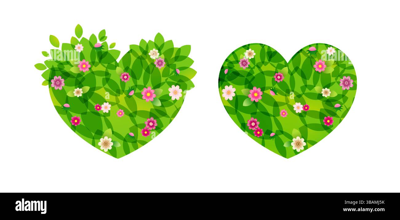 Set di cuori creativi con foglie verdi e fiori rosa. Carta tagliata isolata e stile 3D. Sfondo floreale con maschera di ritaglio. Biglietto d'auguri Illustrazione Vettoriale