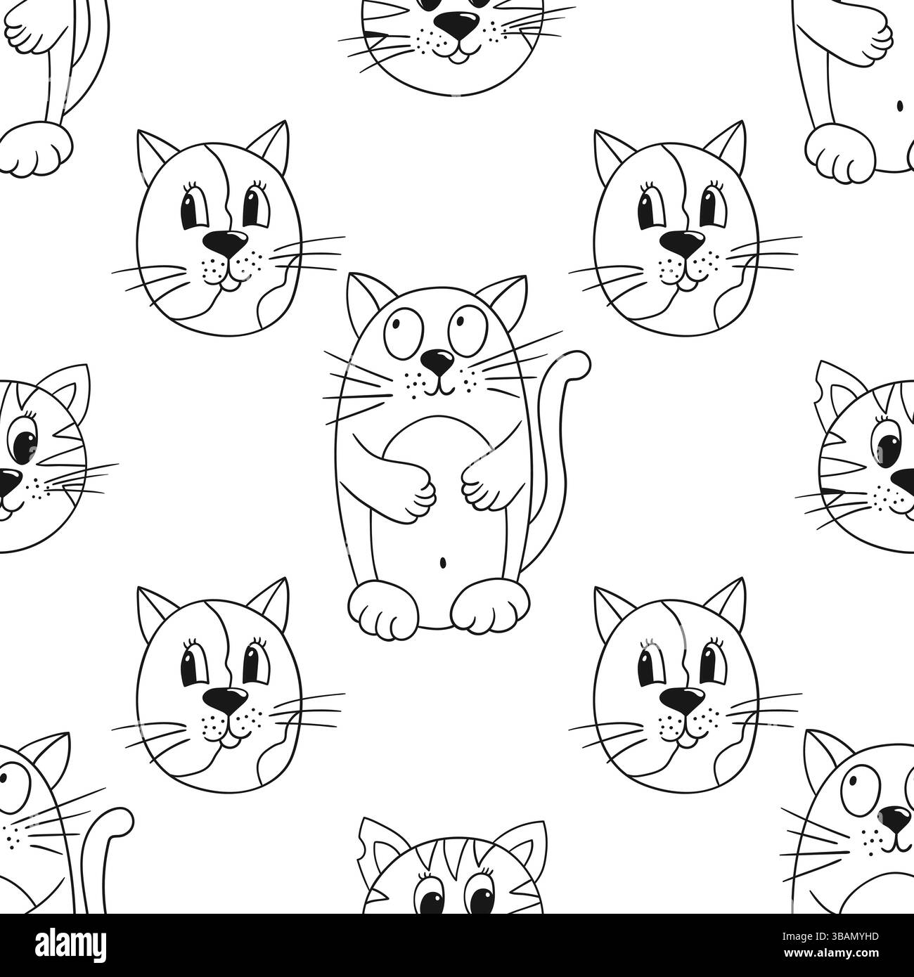 Gattini. Grazioso motivo monocromatico. Modello per tessuti o bambini in stile disegno a mano. Stampa per design, tessuto, tessuto, carta da parati, carta da imballaggio, d Illustrazione Vettoriale