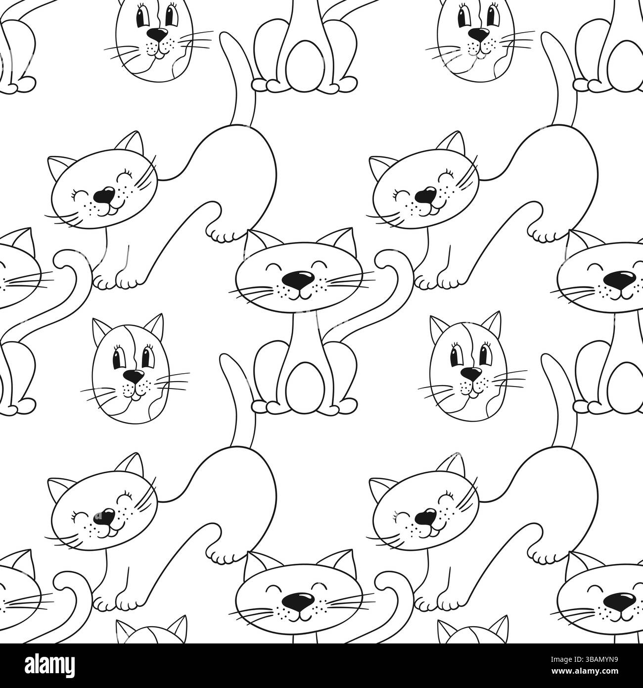 Grazioso motivo monocromatico in stile disegno a mano. Gattini. Modello per tessuti o bambini. Stampa per design, tessuto, tessuto, carta da parati, carta da imballaggio, de Illustrazione Vettoriale