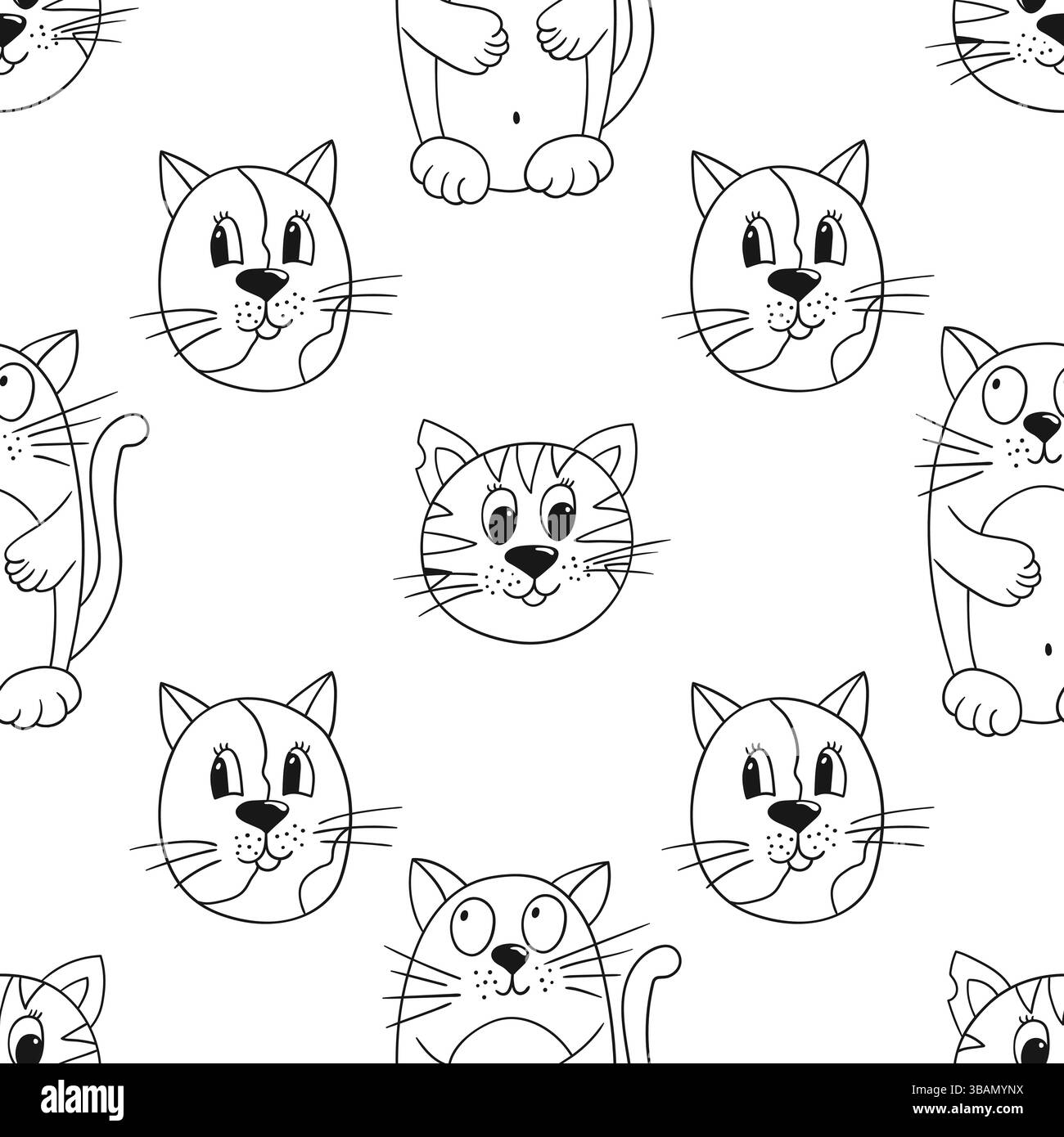 Gattini. Grazioso motivo monocromatico. Modello per tessuti o bambini in stile disegno a mano. Stampa per design, tessuto, tessuto, carta da parati, carta da imballaggio, d Illustrazione Vettoriale