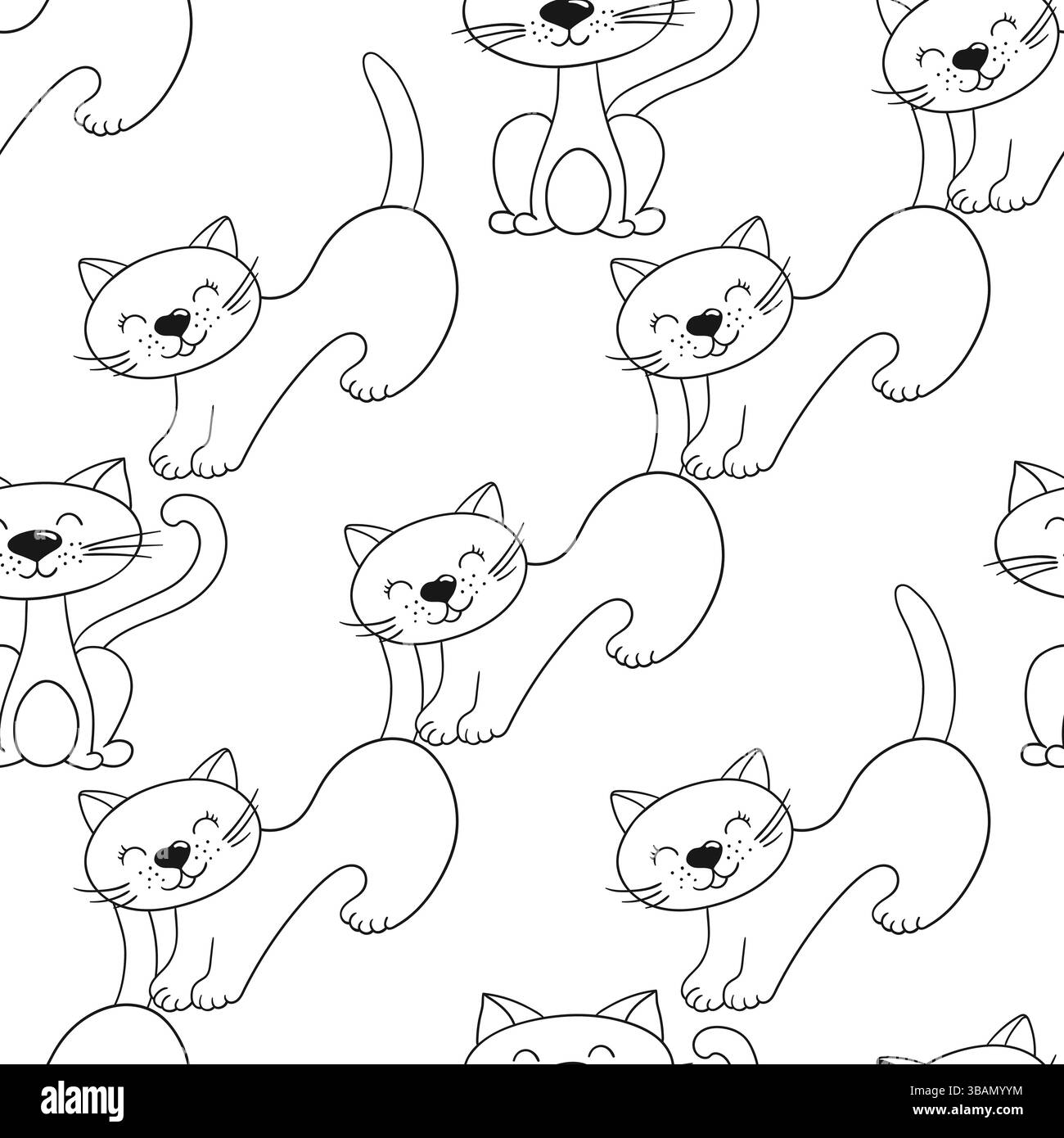 Grazioso motivo monocromatico in stile disegno a mano. Gattini. Modello per tessuti o bambini. Stampa per design, tessuti, tessuti Illustrazione Vettoriale