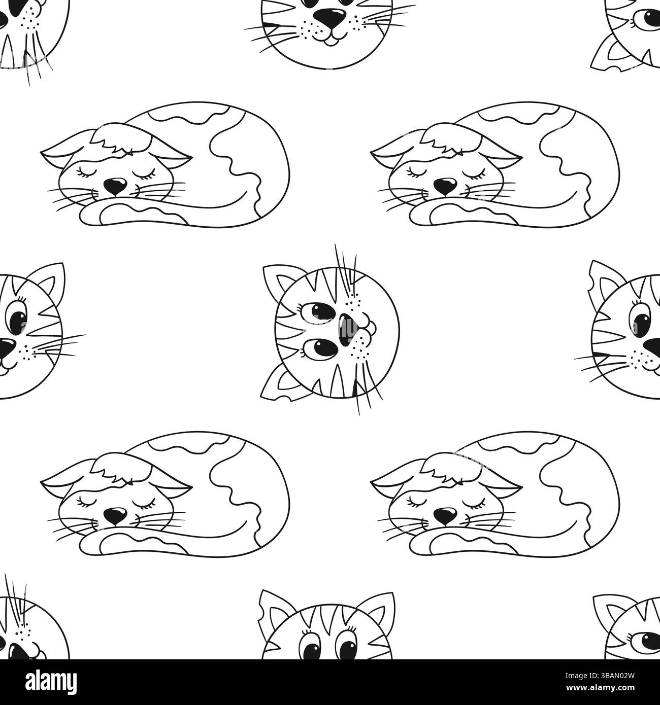 Grazioso motivo monocromatico. Gattini. Modello per tessuti o bambini in stile disegno a mano. Stampa per design, tessuto, tessuto, carta da parati, carta da imballaggio Illustrazione Vettoriale