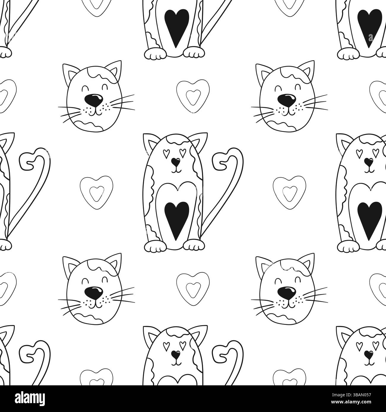 Grazioso motivo monocromatico in stile disegno a mano. Gattini. Modello per tessuti o bambini. Stampa per design, tessuto, tessuto, carta da parati, involucro Illustrazione Vettoriale