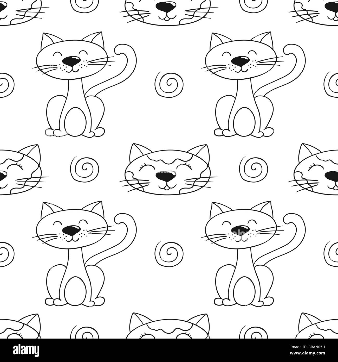 Grazioso motivo monocromatico. Modello per tessuti o bambini in stile disegno a mano. Gattini. Stampa per design, tessuto, tessuto, carta da parati, carta da imballaggio Illustrazione Vettoriale