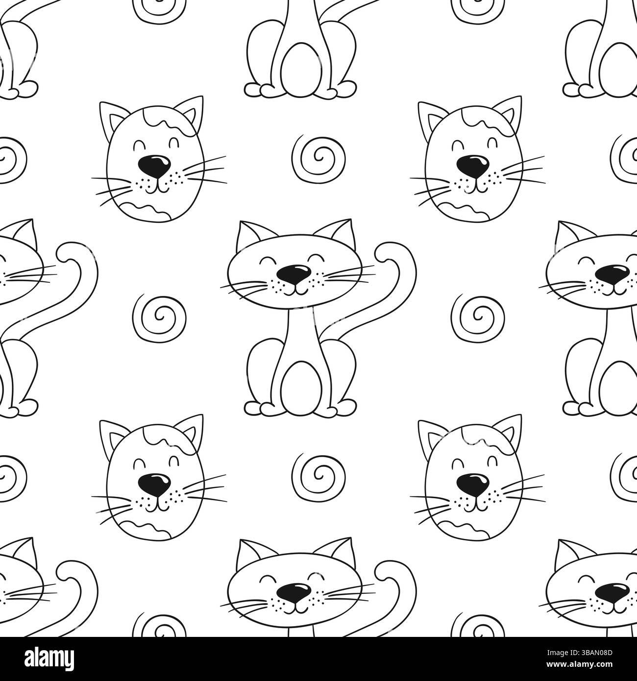 Grazioso motivo monocromatico. Modello per tessuti o bambini in stile disegno a mano. Gattini. Stampa per design, tessuto, tessuto, carta da parati, carta da imballaggio, de Illustrazione Vettoriale