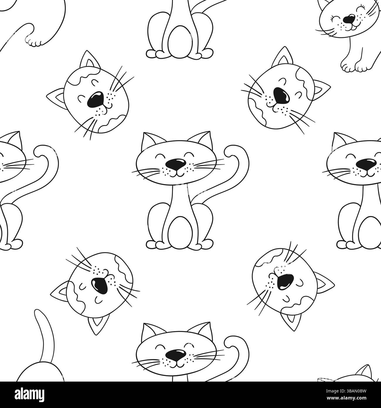 Grazioso motivo monocromatico. Modello per tessuti o bambini in stile disegno a mano. Gattini. Stampa per design, tessuti Illustrazione Vettoriale