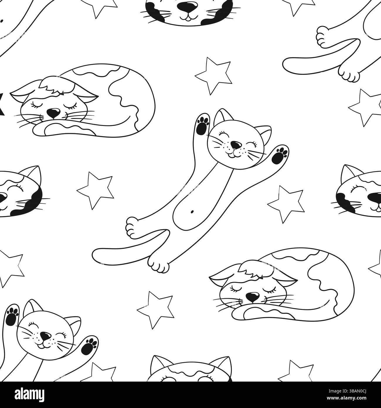 Grazioso motivo monocromatico. Gattini. Modello per tessuti o bambini in stile disegno a mano. Stampa per la progettazione Illustrazione Vettoriale