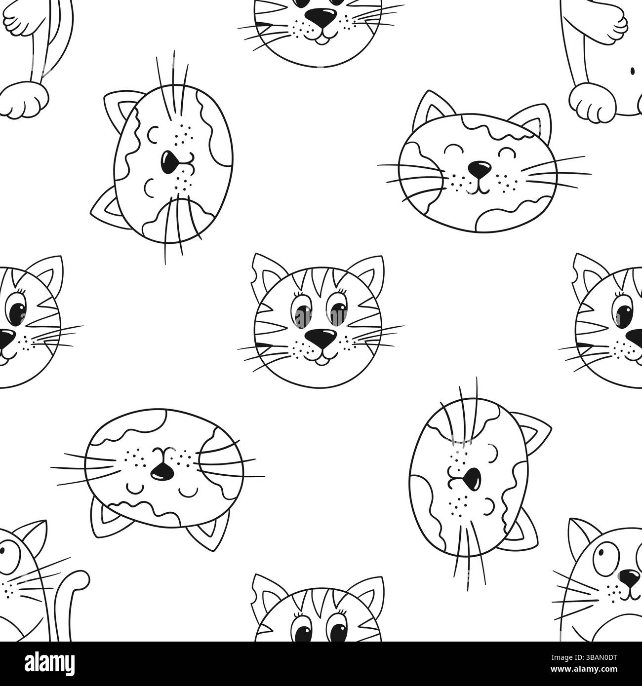 Grazioso motivo monocromatico. Gattini. Modello per tessuti o bambini in stile disegno a mano. Stampa per design, tessuto, tessuto, carta da parati, carta da imballaggio, d Illustrazione Vettoriale