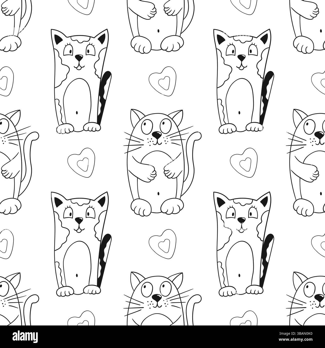 Grazioso motivo monocromatico in stile disegno a mano. Gattini. Modello per tessuti o bambini. Stampa per design, tessuti Illustrazione Vettoriale