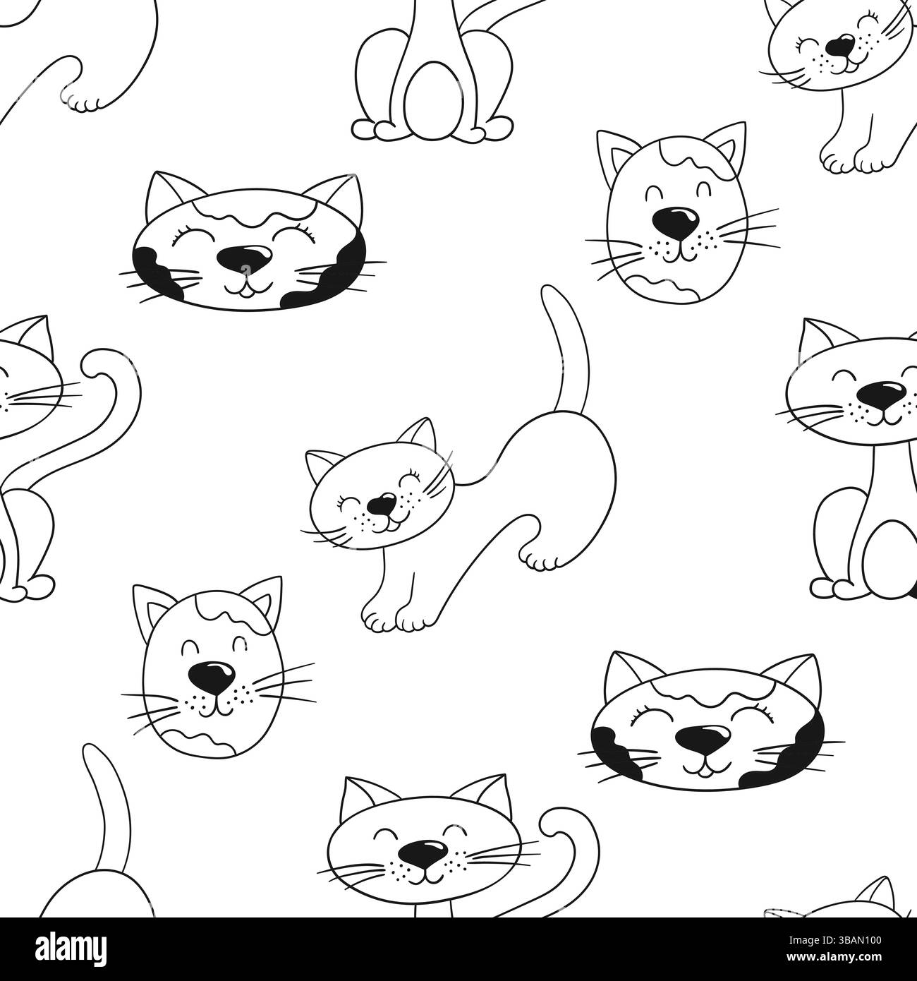 Grazioso motivo monocromatico. Modello per tessuti o bambini in stile disegno a mano. Gattini. Stampa per design, tessuto, tessuto, carta da parati, carta da imballaggio, de Illustrazione Vettoriale