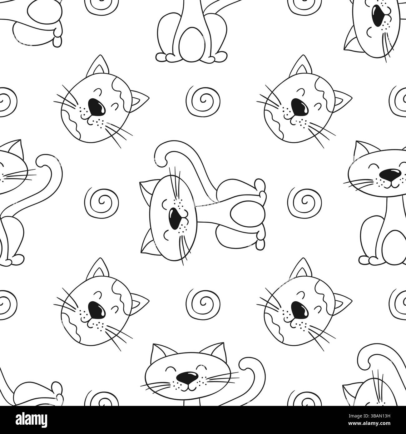 Grazioso motivo monocromatico. Modello per tessuti o bambini in stile disegno a mano. Gattini. Stampa per la progettazione Illustrazione Vettoriale