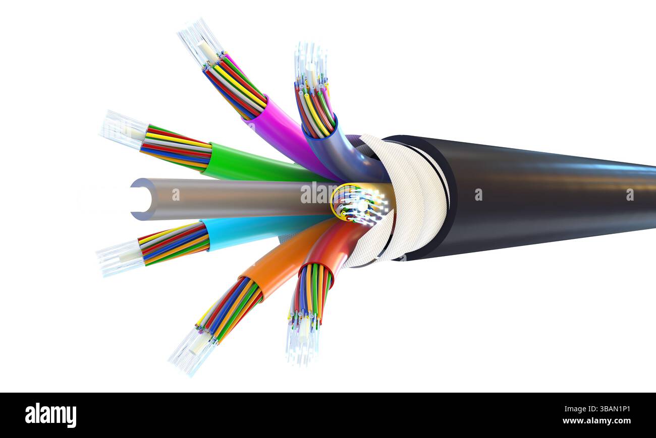Cavo in fibra ottica che espone i fili su sfondo trasparente 3d. Foto Stock