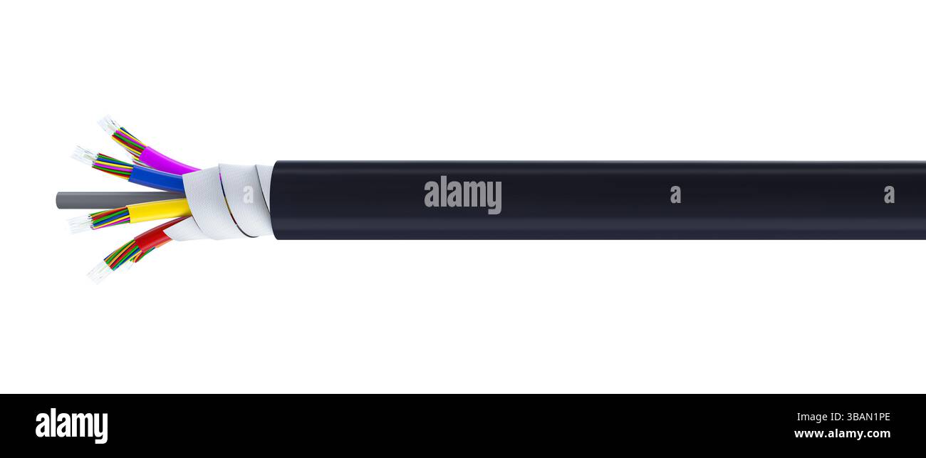 Cavo in fibra ottica che espone le fibre ottiche su sfondo trasparente 3d. Foto Stock