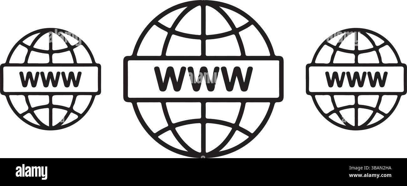 Black Outline WWW Globe Icons for Internet Illustrazione Vettoriale
