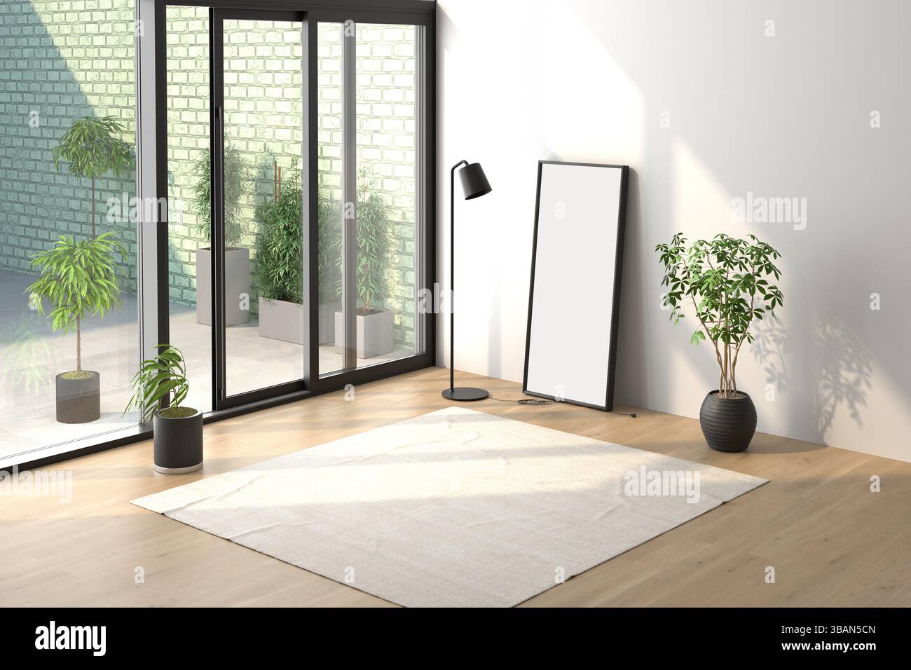 Rappresentazione 3d della stanza interna vuota. Design moderno degli interni. Vista frontale Foto Stock Rappresentazione 3d della stanza interna vuota. Design moderno degli interni. Vista frontale Foto Stock