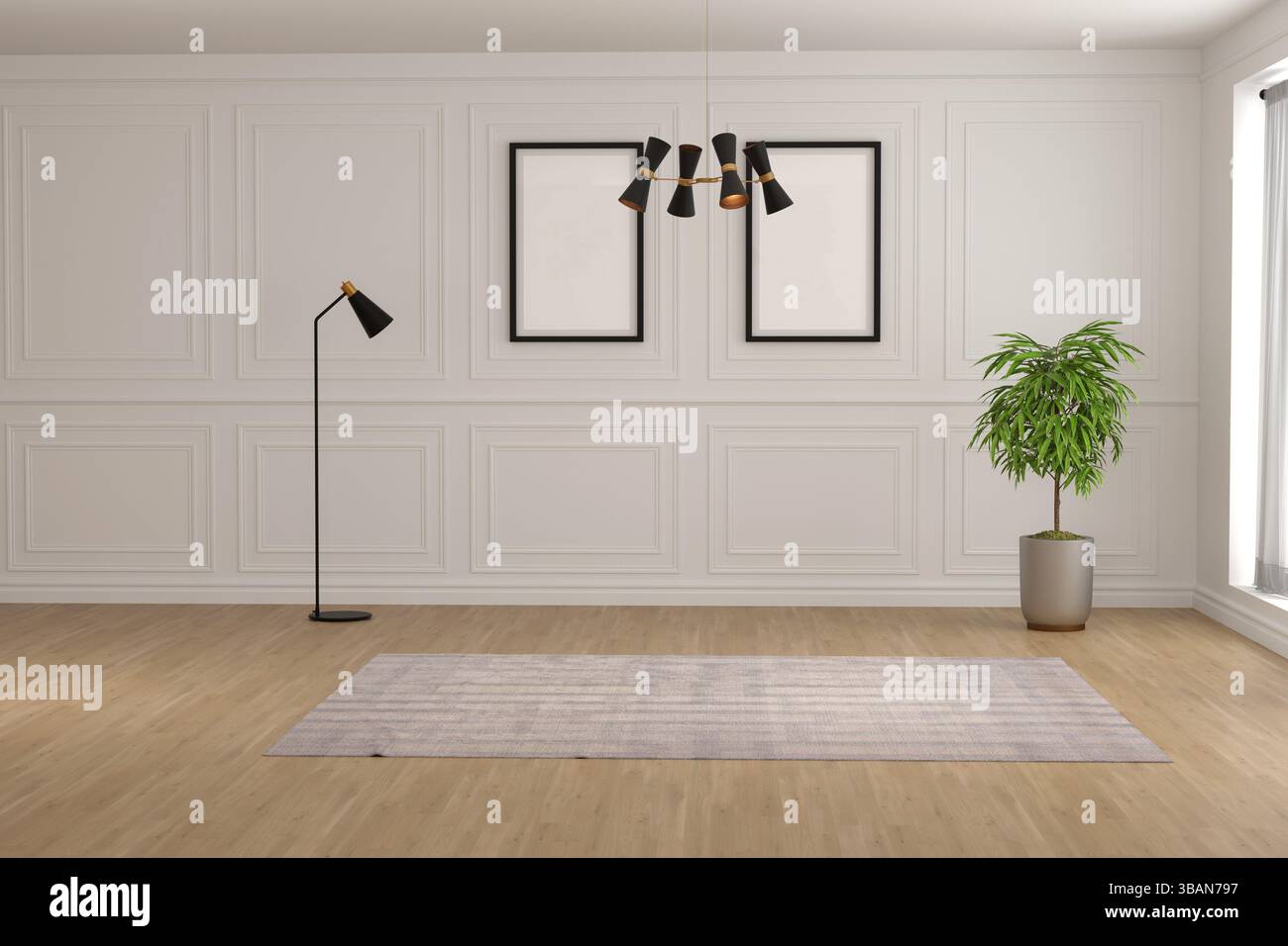 Rappresentazione 3d della stanza interna vuota. interni dal design classico. Camera Classic. vista frontale Foto Stock Rappresentazione 3d della stanza interna vuota. interni dal design classico. Camera Classic. vista frontale Foto Stock