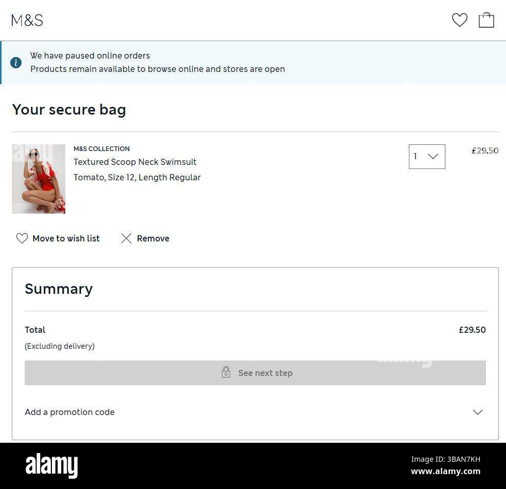Una schermata tratta dal sito Web www.marksandspencer.com per il rivenditore Marks & Spencer, con un messaggio che indica che gli ordini online sono stati sospesi. Il gruppo non è stato in grado di prendere ordini attraverso il suo sito web o app da aprile 25 in quanto tenta di risolvere il problema dopo essere stato colpito da un attacco informatico dannoso, anche se tutti i negozi rimangono aperti. M&S ha segnalato il problema per la prima volta durante il weekend di Pasqua, con l'incidente che ha causato problemi per i pagamenti contactless del rivenditore e gli ordini Click and Collect, mentre ha influito anche su alcune disponibilità nei negozi. Data foto: Martedì 13 maggio 202 Foto Stock