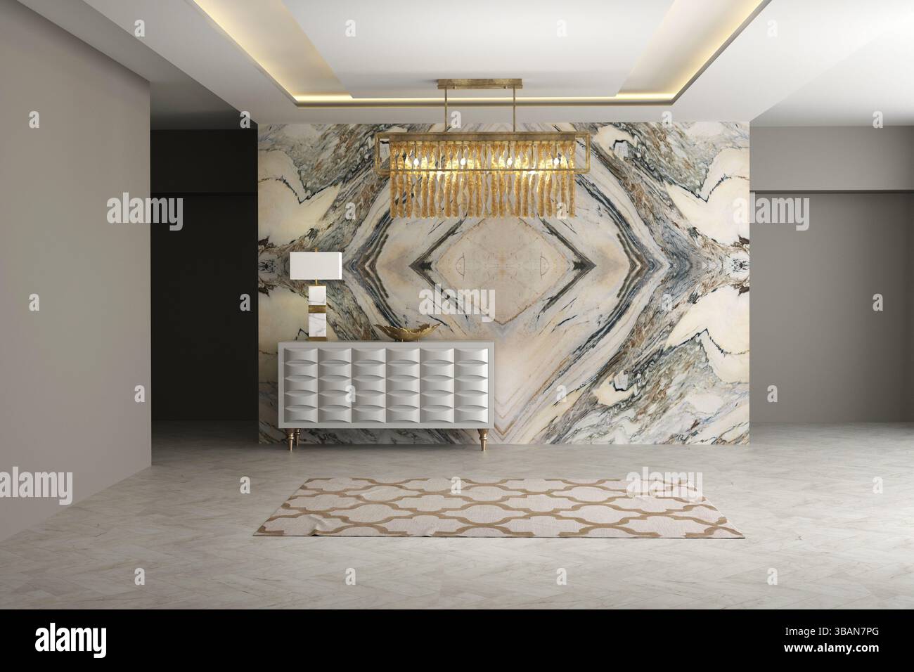 Rappresentazione 3d della stanza interna vuota. Design moderno degli interni. Vista frontale Foto Stock Rappresentazione 3d della stanza interna vuota. Design moderno degli interni. Vista frontale Foto Stock