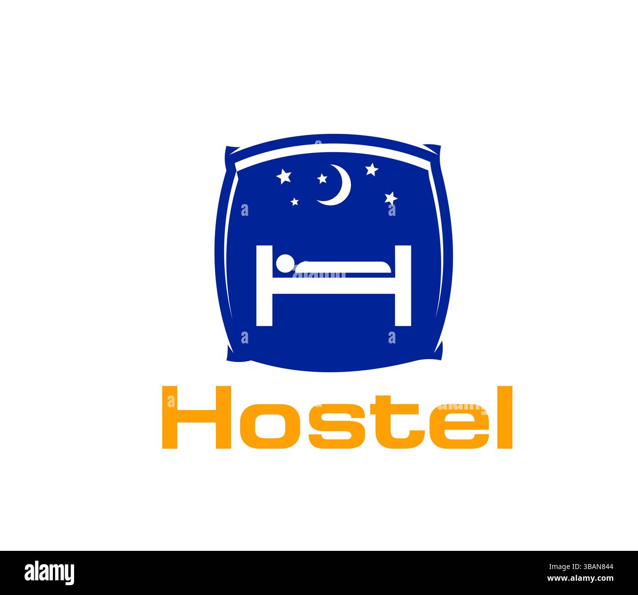 Icona di un ostello o di un hotel per l'app di prenotazione di una pensione o di un alloggio di viaggio, emblema vettoriale. Icona dell'ostello con letto e stelle notturne in forma di cuscino Illustrazione Vettoriale