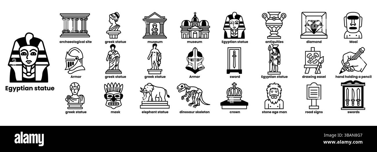 L'immagine è una collezione di statue egiziane e altri manufatti antichi. Le statue sono raffigurate in varie dimensioni e stili, e sono disposte Illustrazione Vettoriale