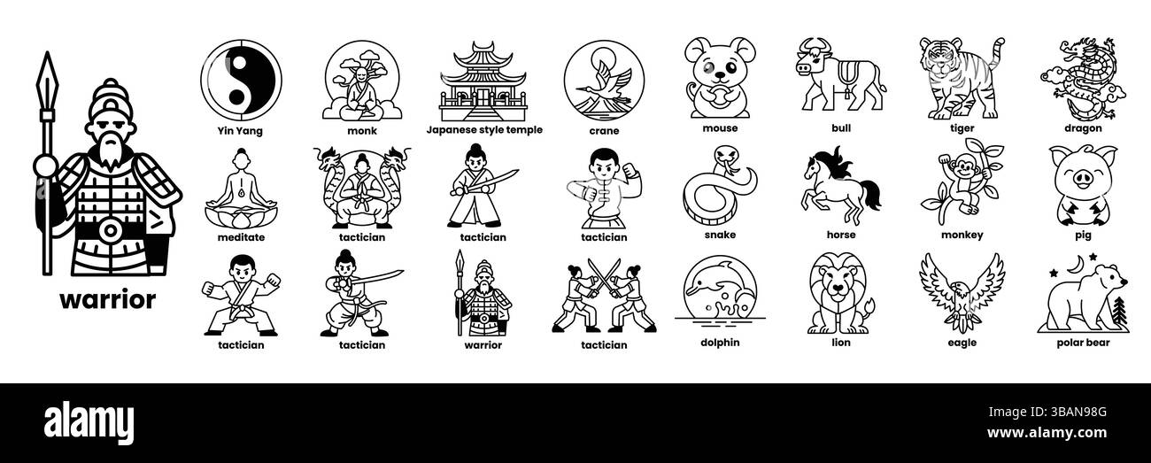 Una raccolta di immagini di persone e animali, tra cui un uomo con una spada e un uomo in uniforme di karate in stile line drawing Illustrazione Vettoriale