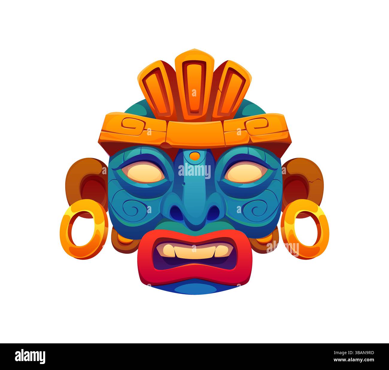 Icona del gioco messicano Inca Maya Aztec. Maschera tribale vettoriale cartoni animati con orecchini dorati. Luminoso volto cerimoniale mistico con ornamento tribale. Antica testa Inca o Maya con corona arancione e labbra rosse Illustrazione Vettoriale