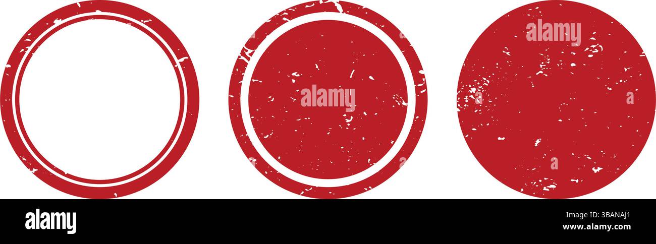 Set di cerchi in gomma rossa in stile grunge, con spazio vuoto al centro per il testo personalizzato. Ideale per etichette, approvazioni, striscioni o marchi Illustrazione Vettoriale