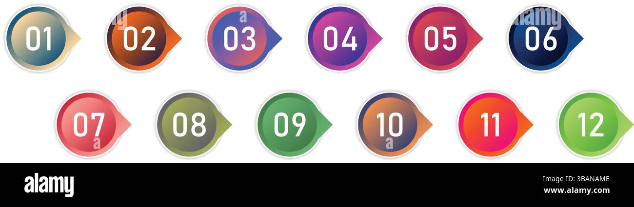 Migliora i tuoi progetti di progettazione con questo vivace set di punti elenco numerici 3D, che vanno da uno a dodici. Illustrazione Vettoriale