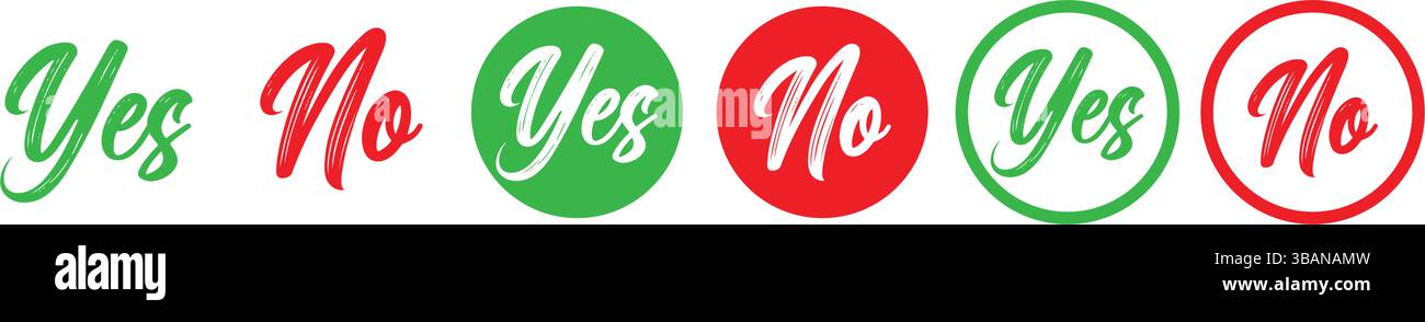 Sì e No testo in grassetto verde e rosso con più variazioni di stile cerchio. Perfetto per interfacce Web, moduli, pulsanti, infografiche e utenti Illustrazione Vettoriale