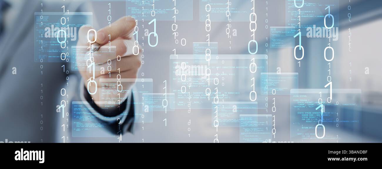Visualizzazione di codici binari e programmazione software con interfaccia digitale interattiva. Foto Stock