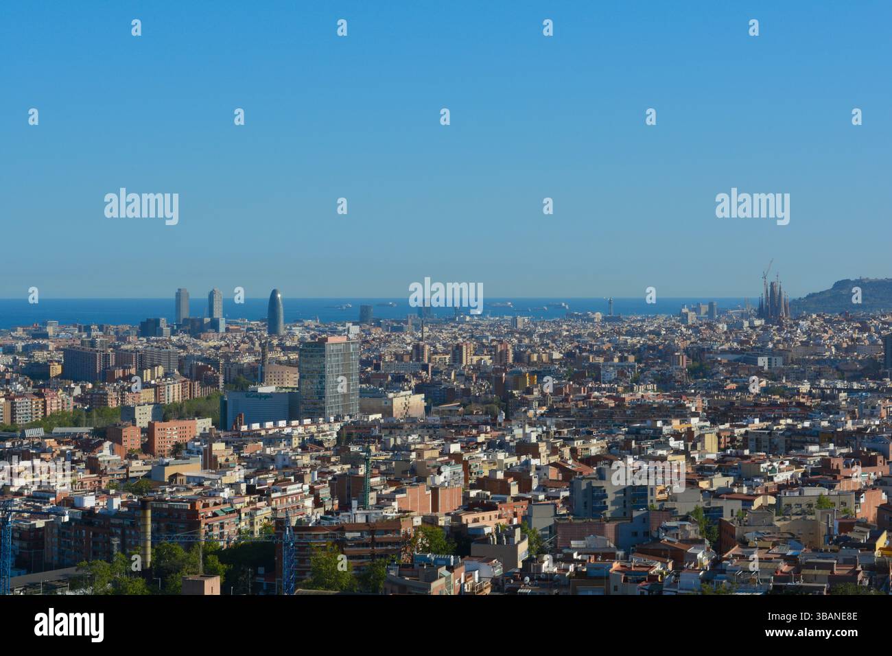 Vista dello skyline di Barcellona con edifici emblematici: Torres Glories, Basílica de la Sagrada Familia, Castello di Montjuic e W Barcelona. Foto Stock