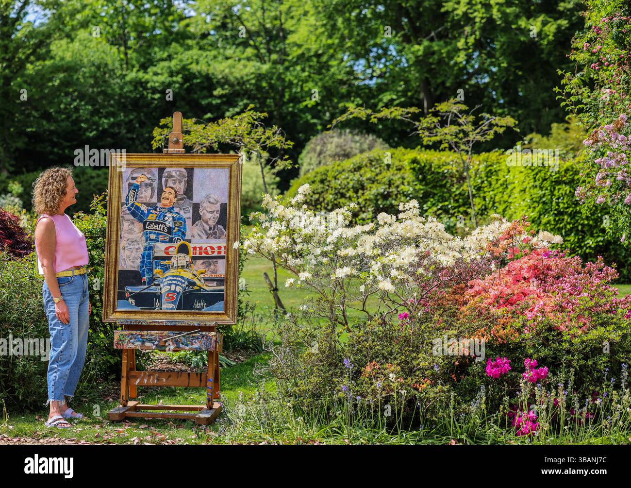 New Forest, Inghilterra, Regno Unito. 13 maggio 2025. La famiglia Lawrence proprietaria della tenuta del defunto Anthony Lawrence donerà un dipinto intitolato "The British World Champions" al National Motor Museum di Beaulieu. Il museo ha visitato il grande archivio delle opere di Lawrence di recente e sono stati lieti di ricevere il dipinto, che è stato dipinto nel 1992, di Nigel Mansell e di altre stelle di Formula uno. Crediti: Paul Quezada-Neiman/Alamy Live News Foto Stock