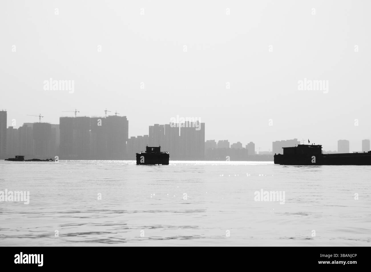Vista in bianco e nero delle navi da carico sul fiume Qiantang con skyline urbano e gru da costruzione, Hangzhou, Cina 2012 Foto Stock