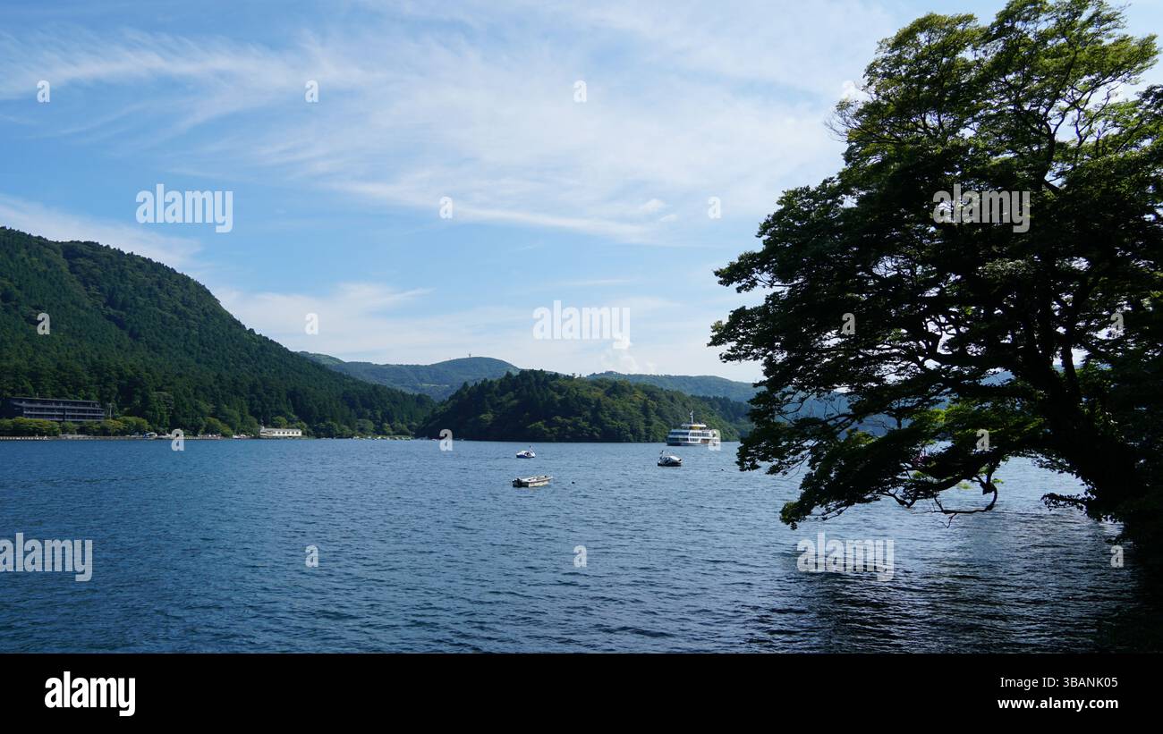 Le calme acque del lago Ashi: Una gemma panoramica ad Hakone Foto Stock