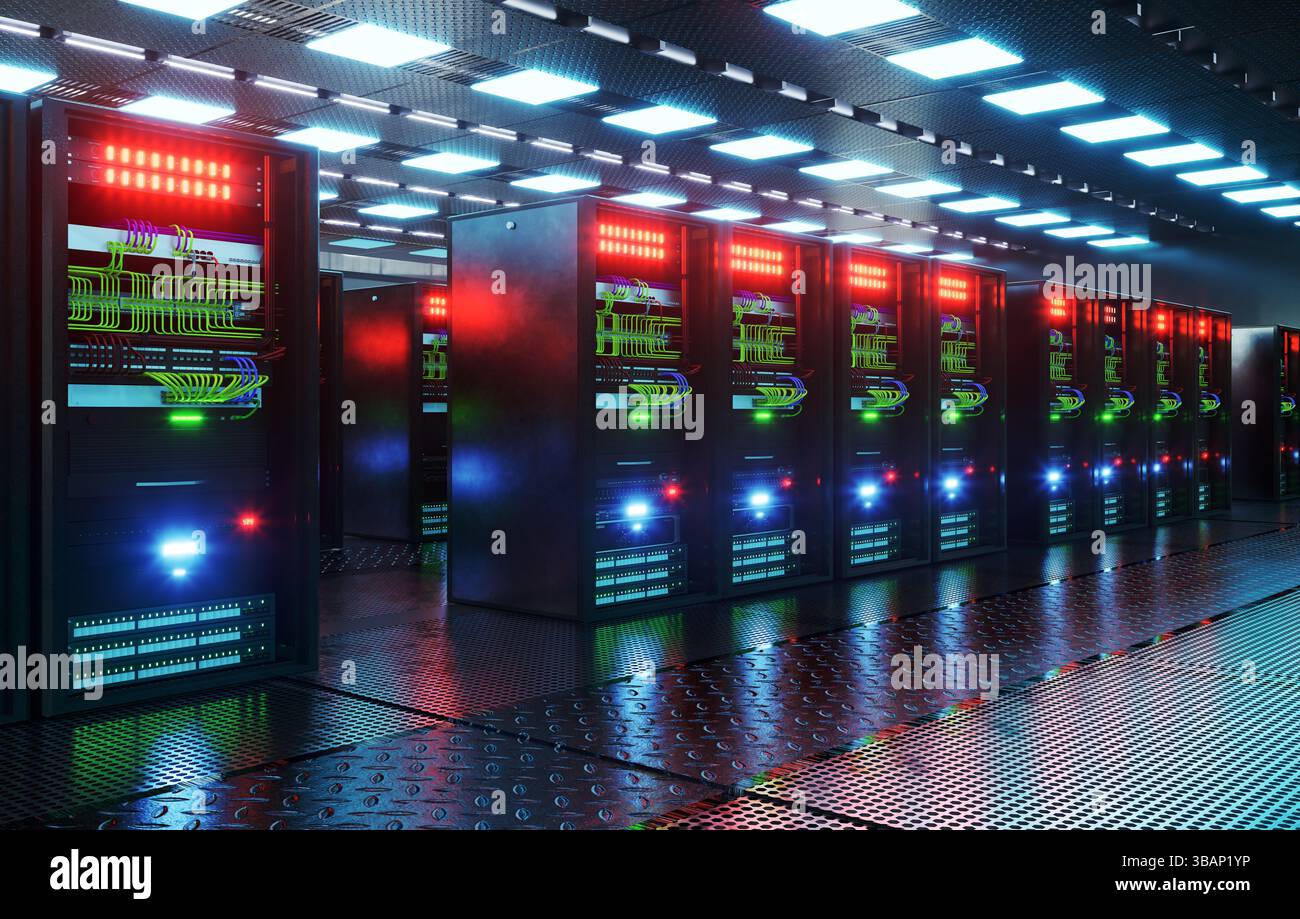 Infrastruttura di rete della sala server, data center, rack server, cavi di rete Foto Stock
