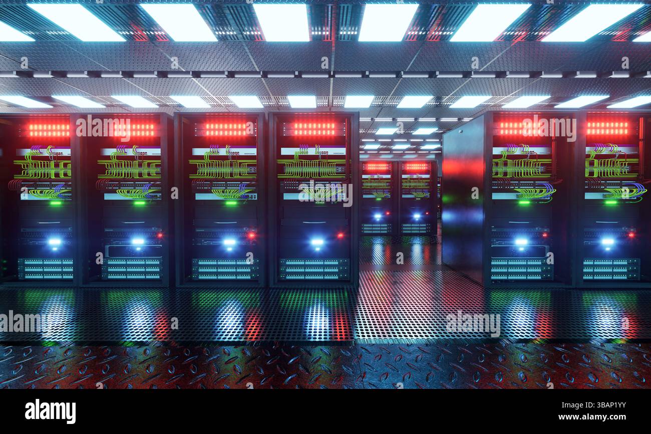 Infrastruttura di rete della sala server, data center, rack server, cavi di rete Foto Stock
